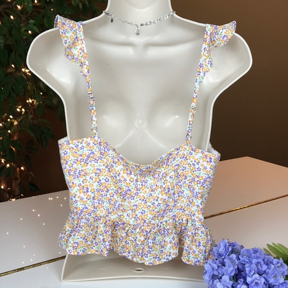 BLUE BLUSH FLORAL TOP WITH BUTTONS, TIE & RUFFLE M - Picture 10 of 16